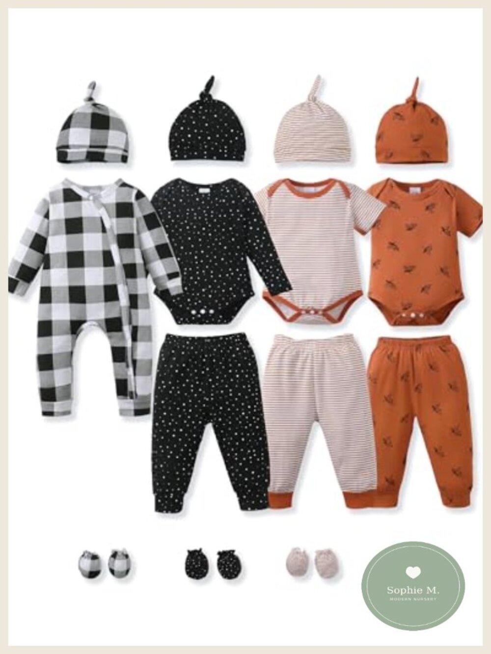 Newborn Baby Boy 19 Piece Layette Set with Bodysuits, Pants, Rompers, Hats &